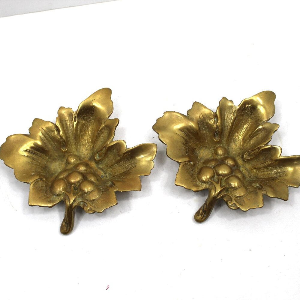 Vintage MCM Solid Brass Grapes & Leaf Trinket Dish - Lot of 2